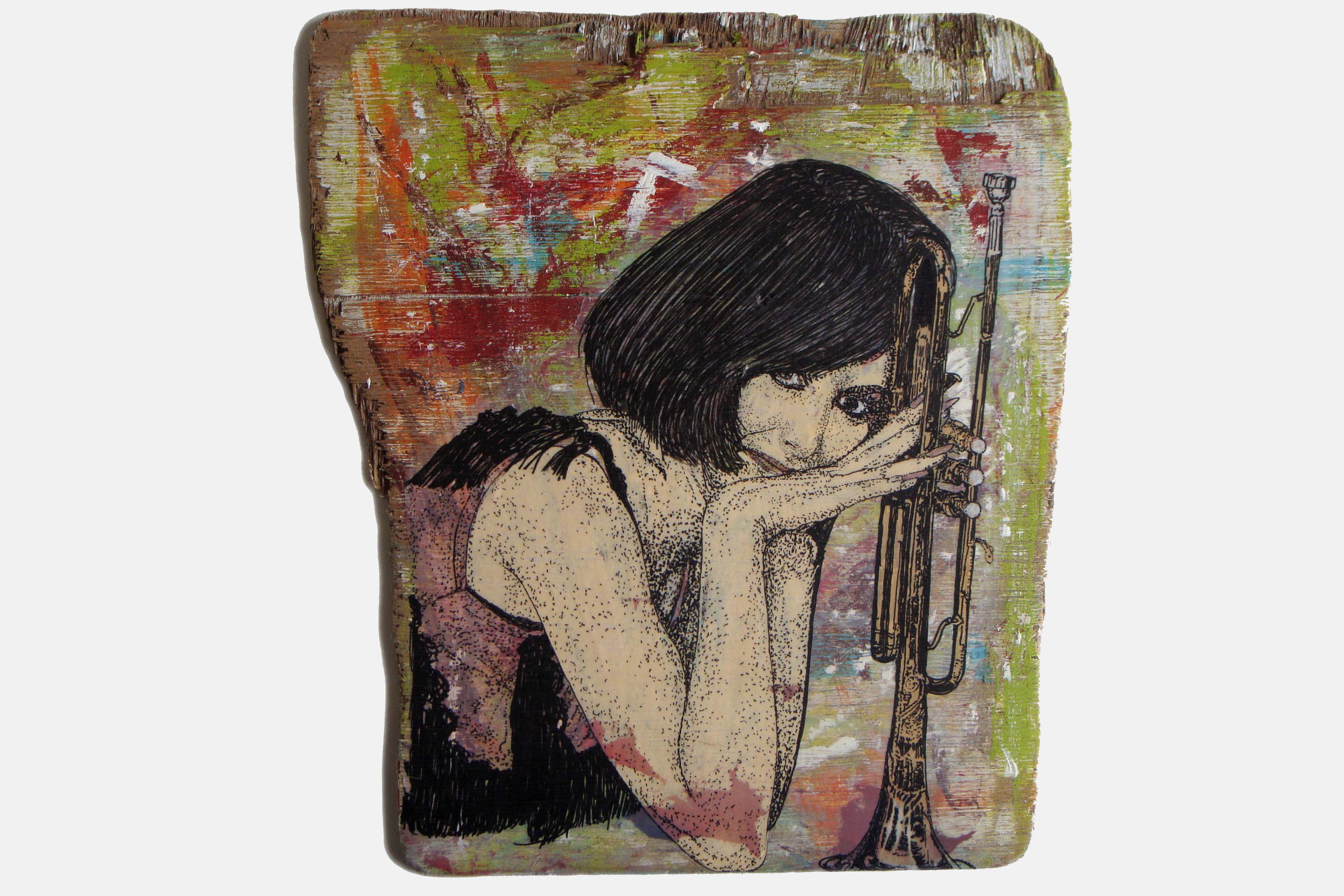 GIRL WITH A TRUMPET ??????
<br>Mixed media on plywood<br>??? x ???cm