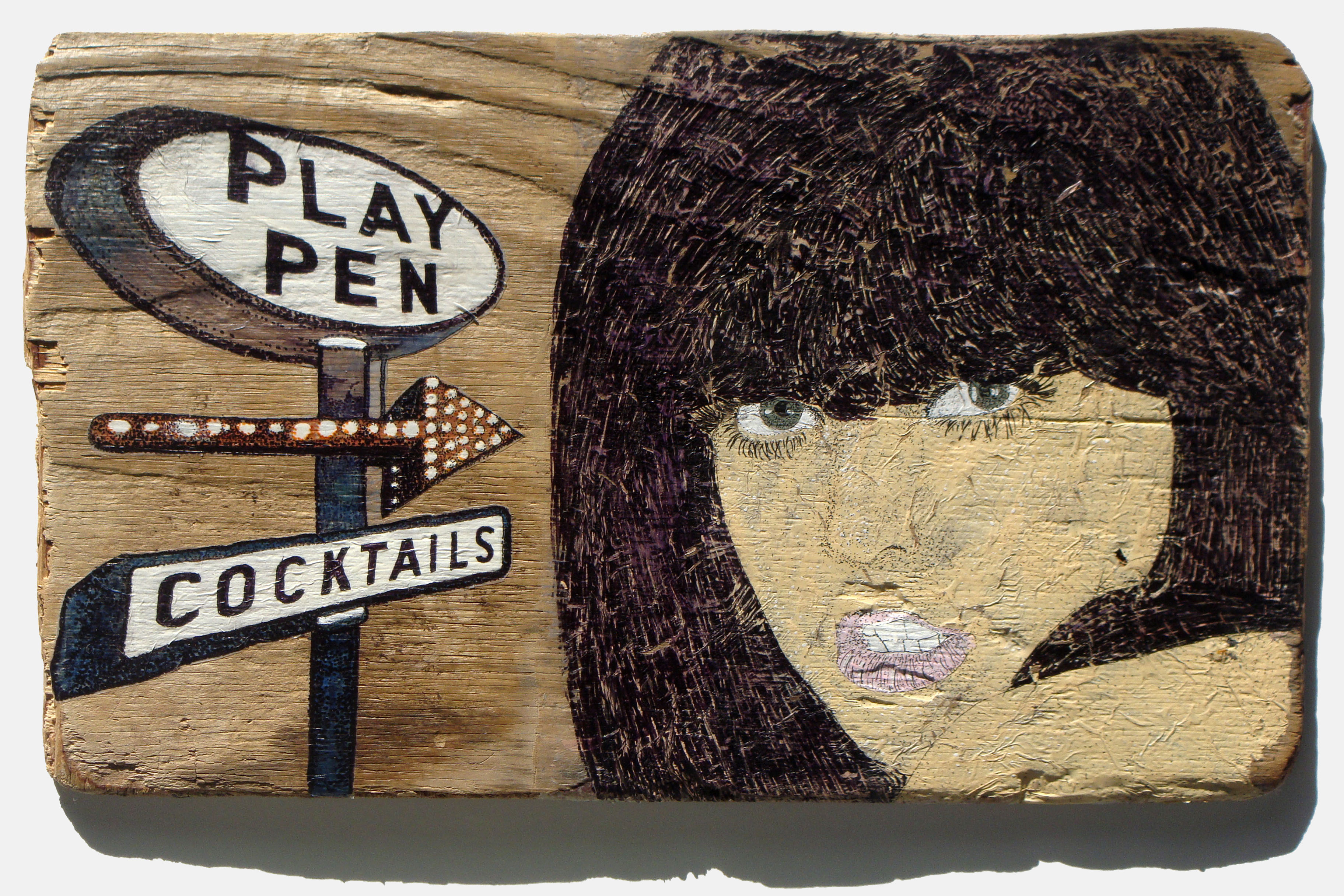 PLAY PEN<br>Mixed media on found wooden board<br>??? x ???cm