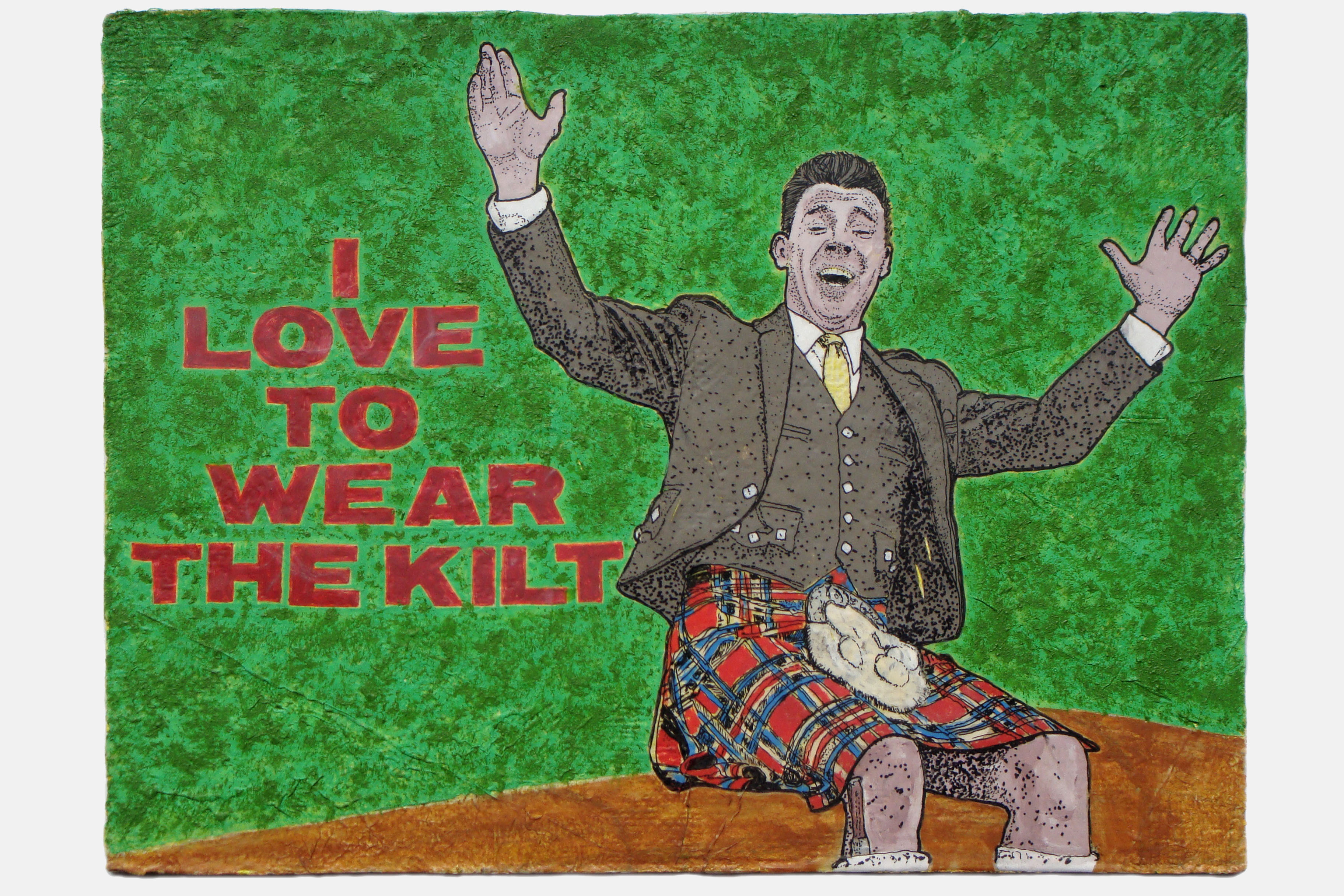 I LOVE TO WEAR THE KILT<br>Mixed media on board<br>66.5 x 60cm