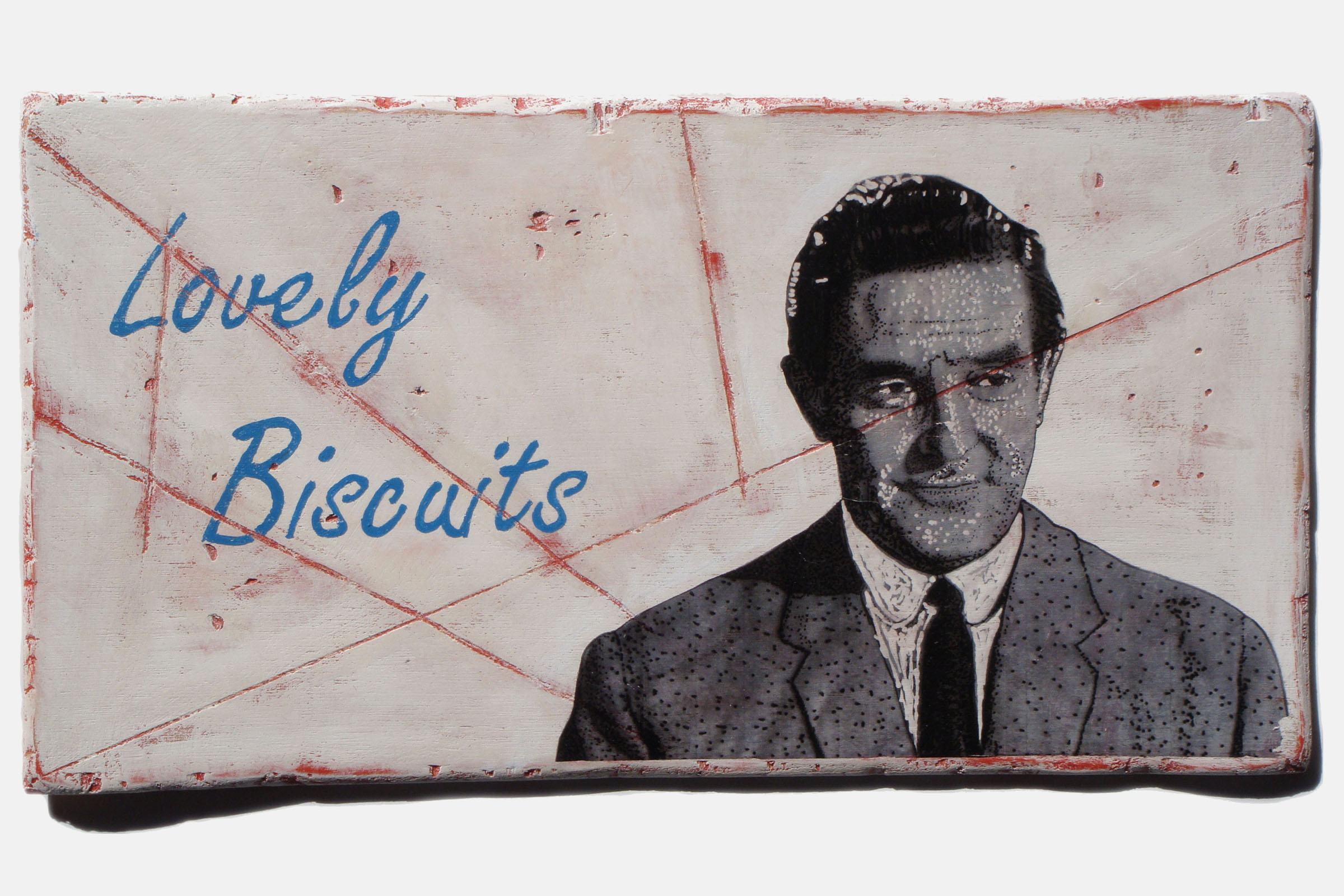 LOVELY BISCUITS<br>Mixed media on plywood<br>38 x 20.5cm