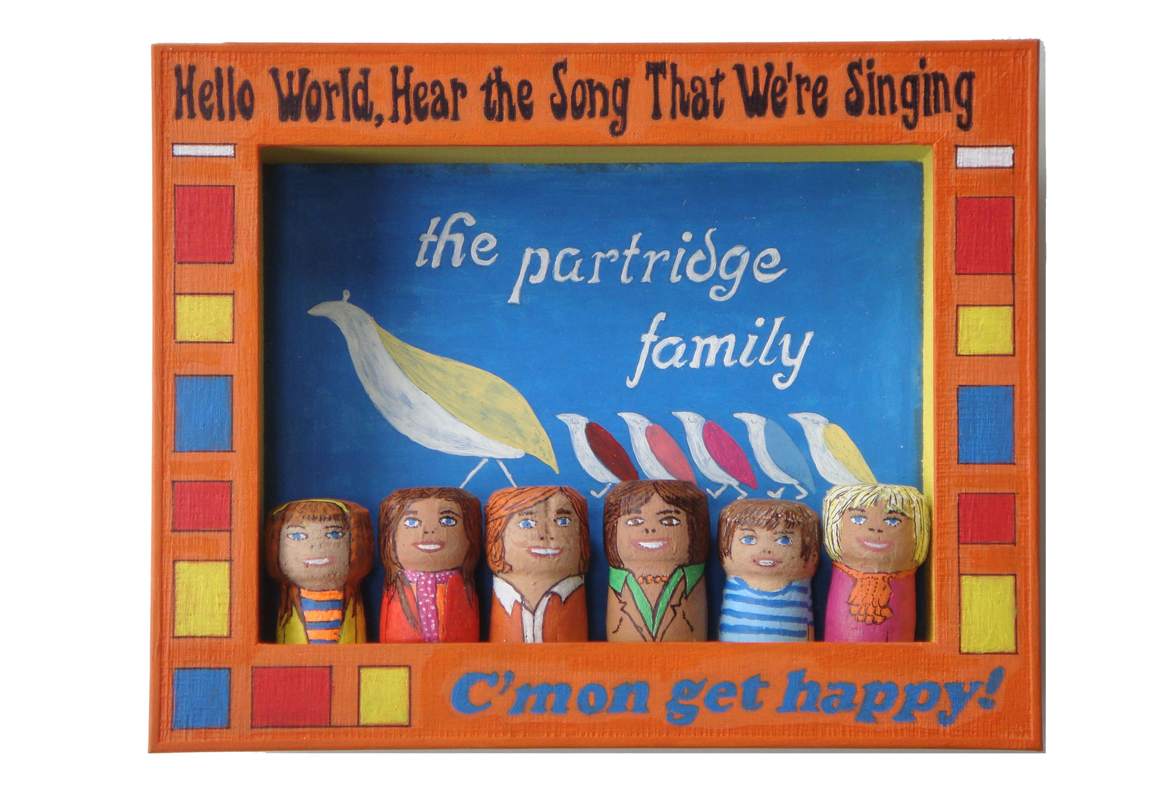 The Partridge Family<br>Mixed media and corks. Framed.