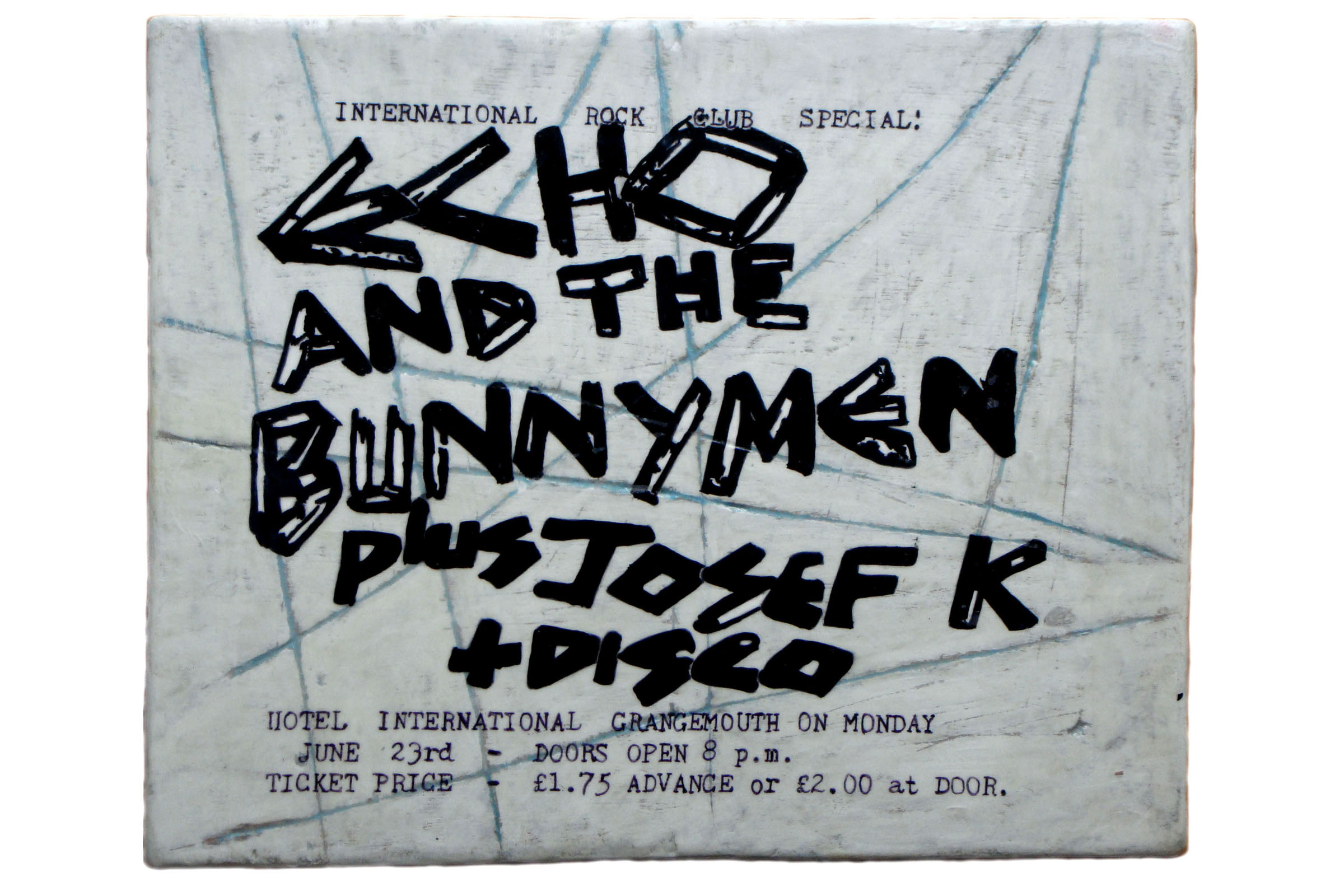 Echo and the Bunnymen plus Josef K<br>Grangemouth International<br>Mixed media on plywood<br>35 x 29cm
