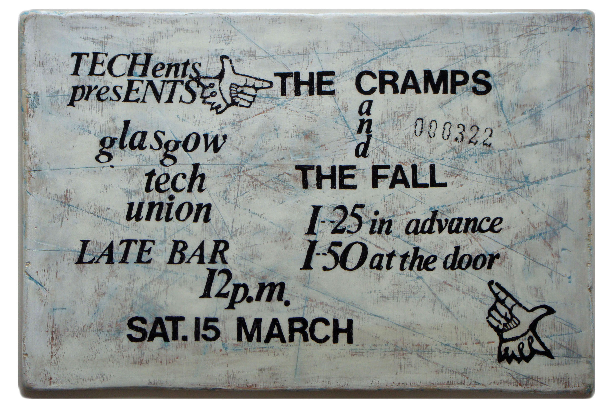 The Cramps and the Fall<br>Glasgow Tech Union<br>Mixed media on plywood<br>46 x 31cm