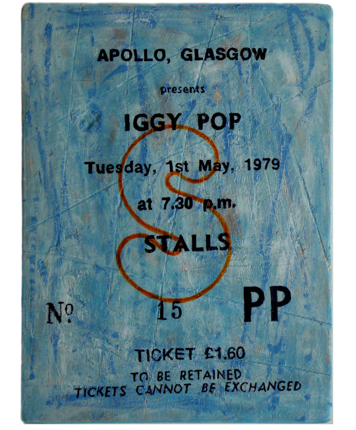 Iggy Pop at Glasgow Apollo 1979<br>Mixed media on plywood<br>23 x 31cm