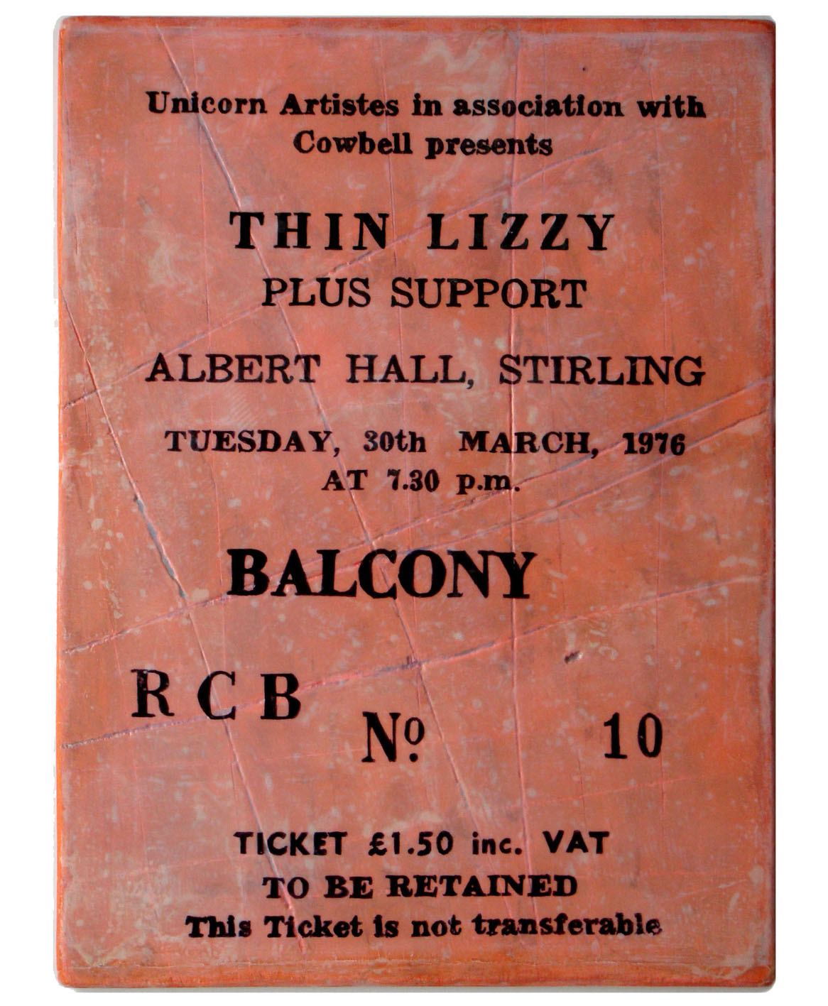 Thin Lizzy <br>Stirling 1976<br>Mixed media on plywood<br>34.5 x 36.5cm