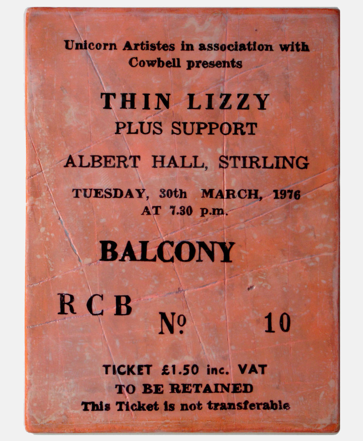 Thin Lizzy <br>Stirling 1976<br>Mixed media on plywood<br>34.5 x 36.5cm