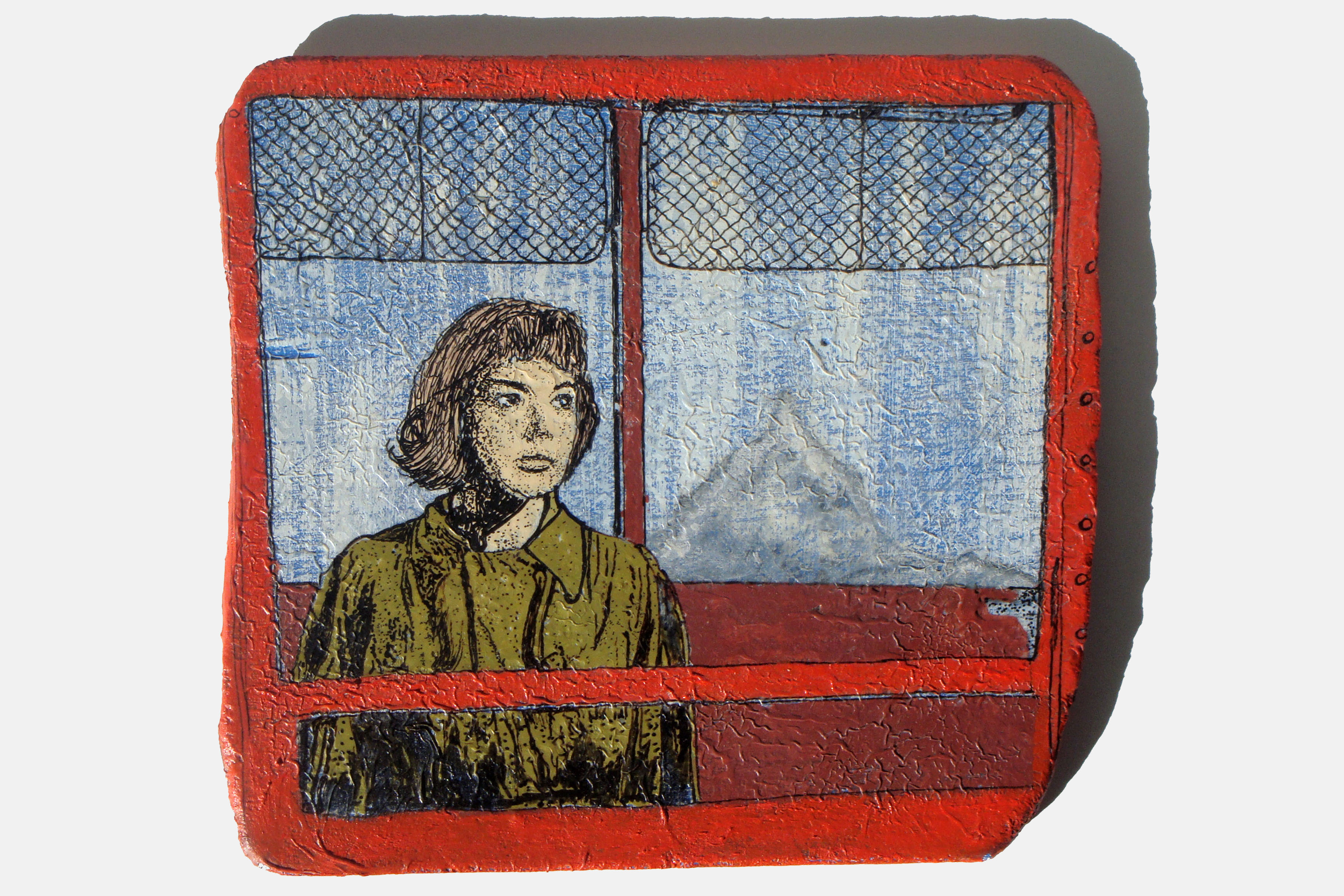 GIRL ON CABLE CAR<br>Mixed media on plywood<br>??? x ???cm