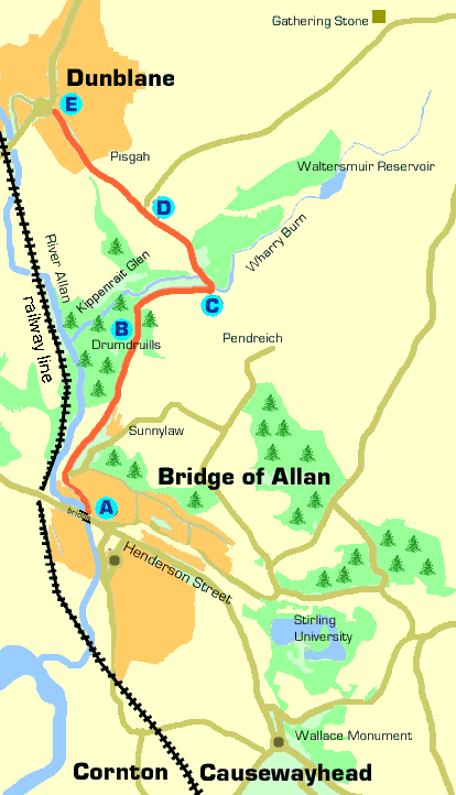 Map of Bridge of Allan Glen Road walk near Stirling
